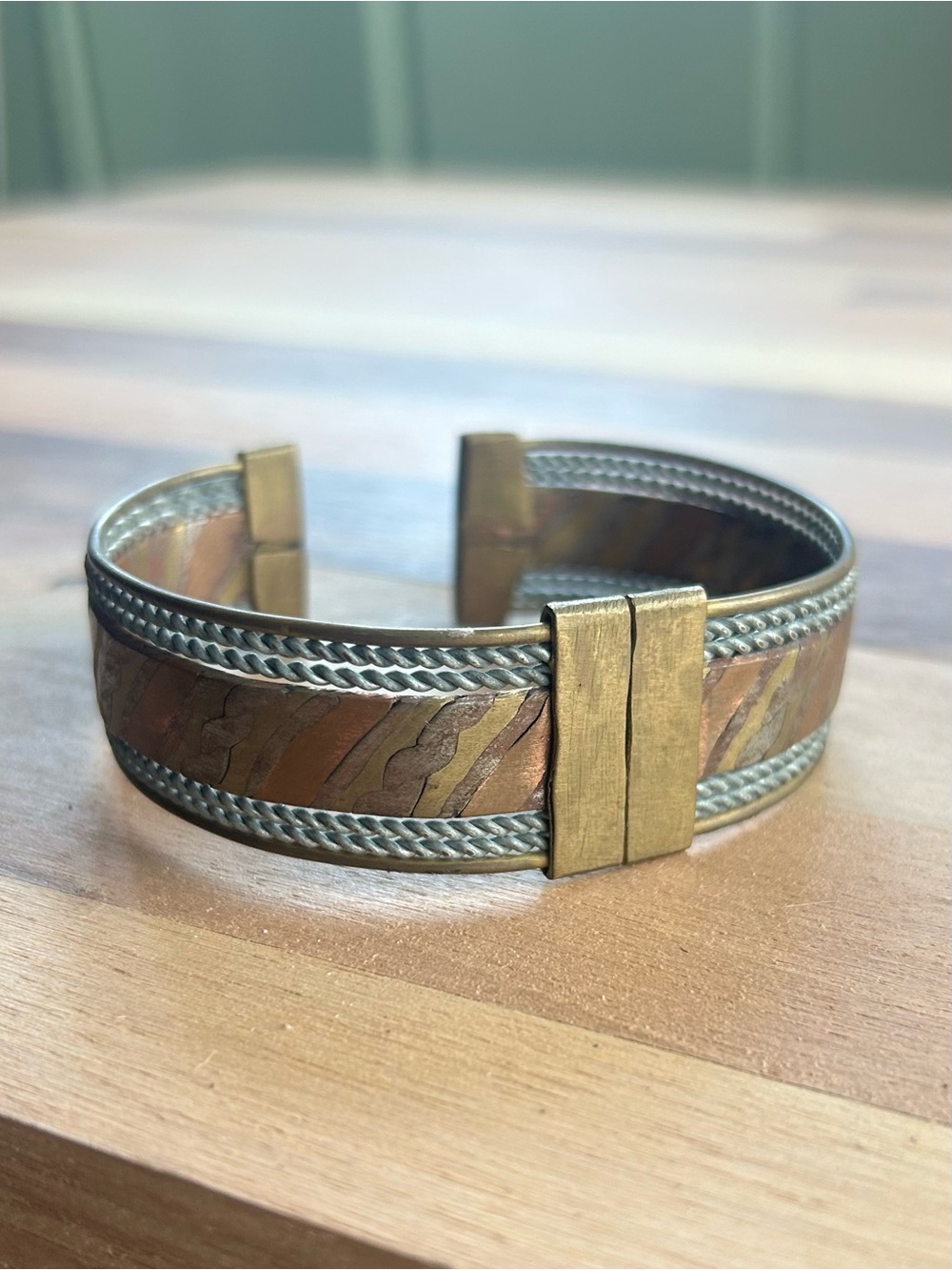 Vintage Mixed Metal Braided Cuff Bracelet Copper Brass Silver Tone Boho Statemen
